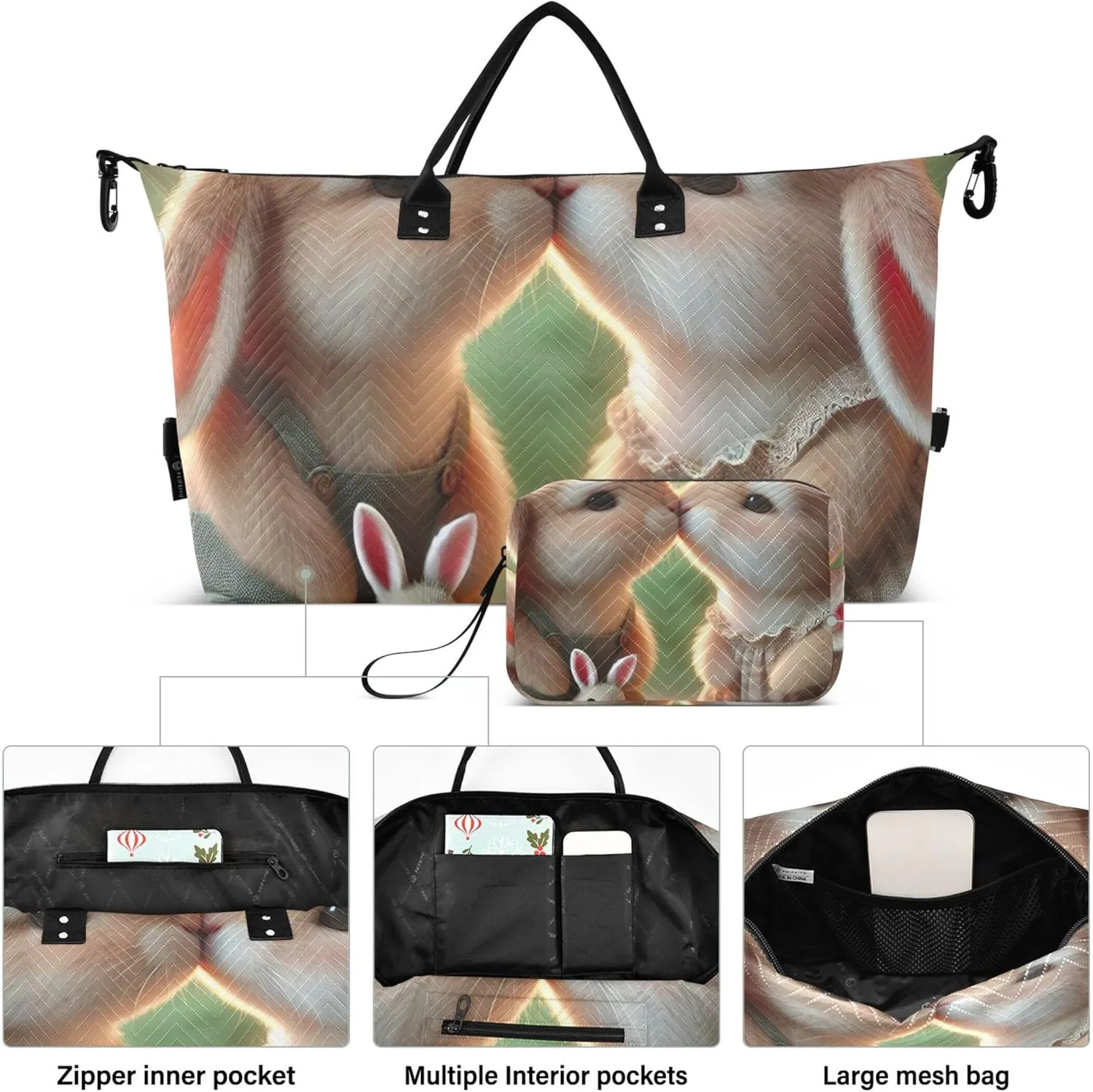 Bunny Kiss Rabbits Travel Duffle Women Makeup Pouch Set of 2, Animal Floral Womens Small Duffle Bag Carry on Duffel Bag