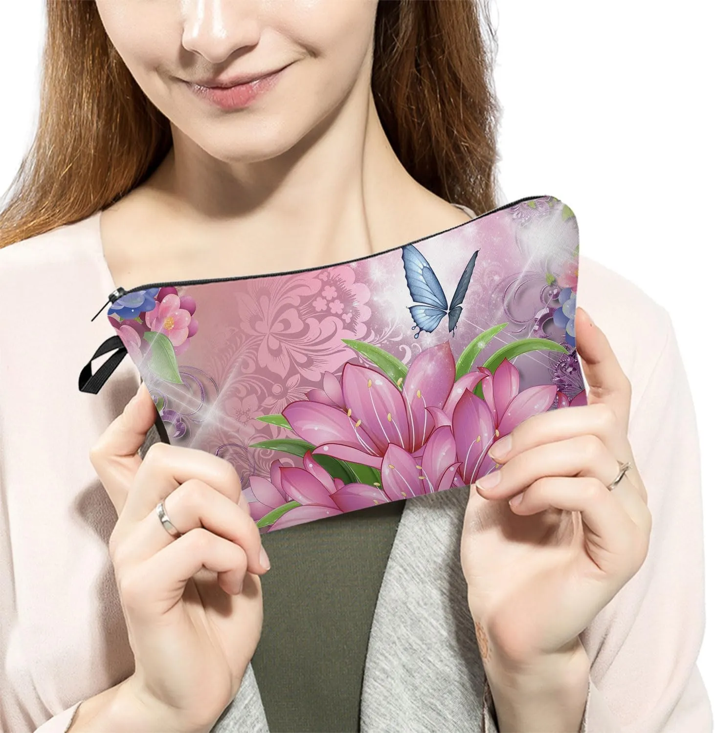 Butterfly Makeup Bag Cute Small Makeup Organizer Bag Travel Toiletry Zipper Pouch Pink Floral Butterfly Cosmetic Bag Birthday Present for Butterfly Lovers Women