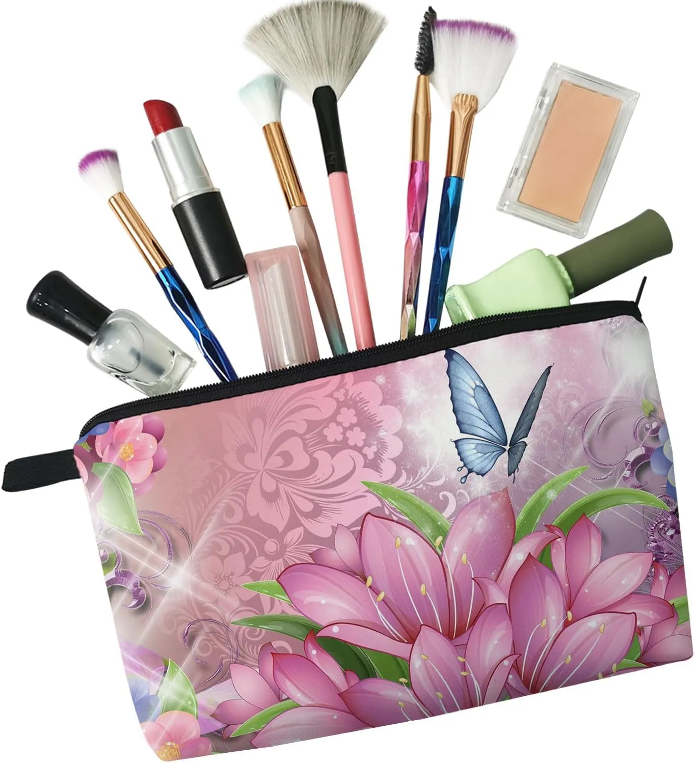 Butterfly Makeup Bag Cute Small Makeup Organizer Bag Travel Toiletry Zipper Pouch Pink Floral Butterfly Cosmetic Bag Birthday Present for Butterfly Lovers Women