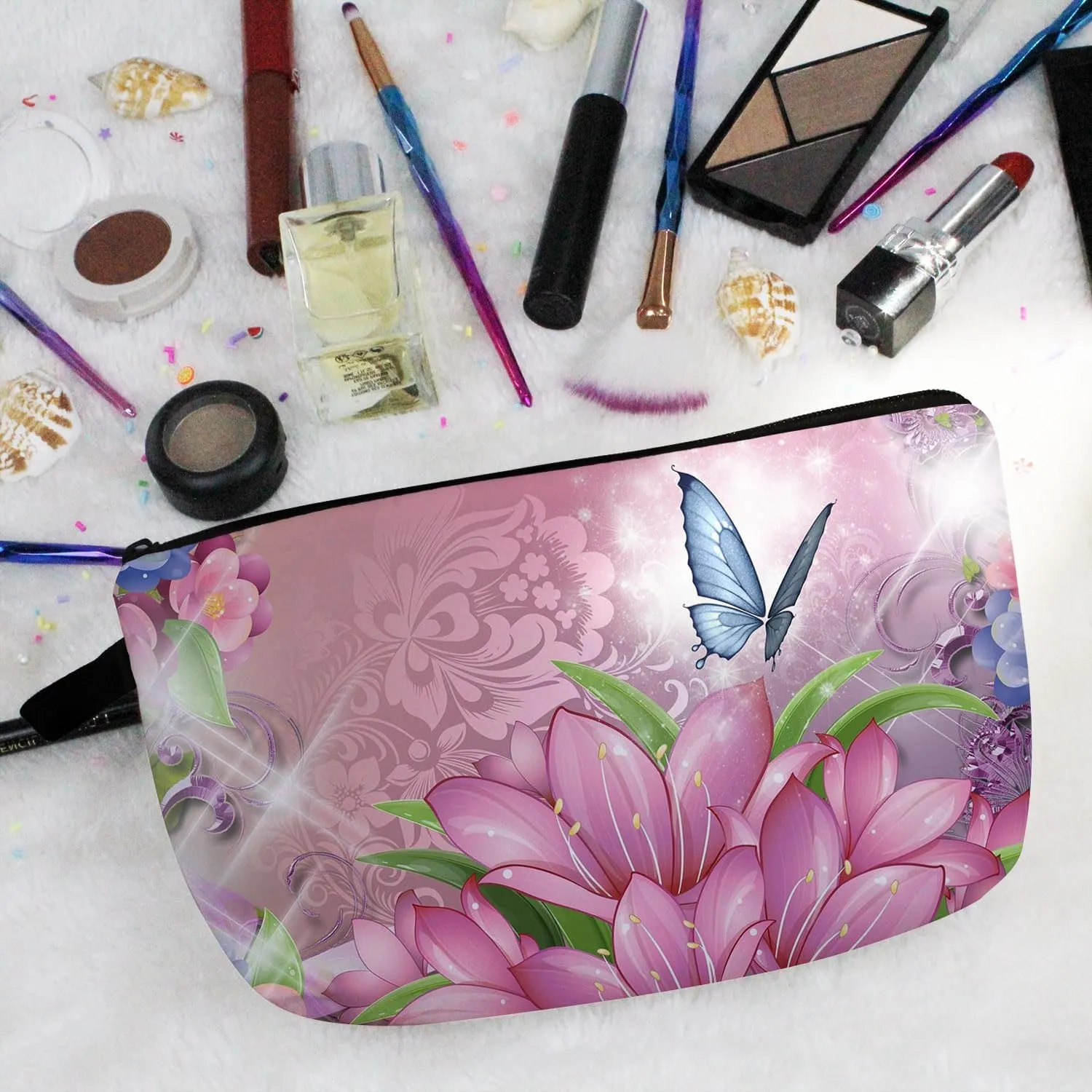 Butterfly Makeup Bag Cute Small Makeup Organizer Bag Travel Toiletry Zipper Pouch Pink Floral Butterfly Cosmetic Bag Birthday Present for Butterfly Lovers Women