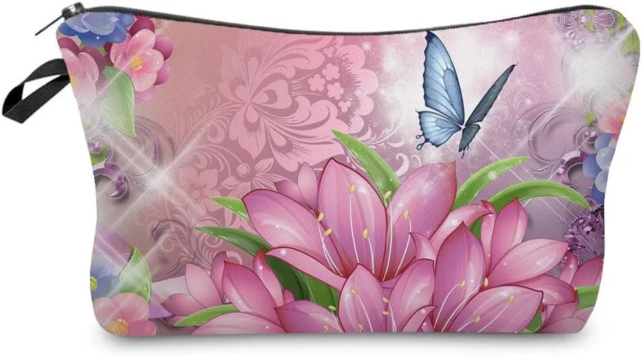 Butterfly Makeup Bag Cute Small Makeup Organizer Bag Travel Toiletry Zipper Pouch Pink Floral Butterfly Cosmetic Bag Birthday Present for Butterfly Lovers Women