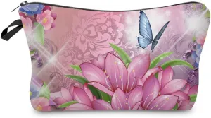 Butterfly Makeup Bag Cute Small Makeup Organizer Bag Travel Toiletry Zipper Pouch Pink Floral Butterfly Cosmetic Bag Birthday Present for Butterfly Lovers Women