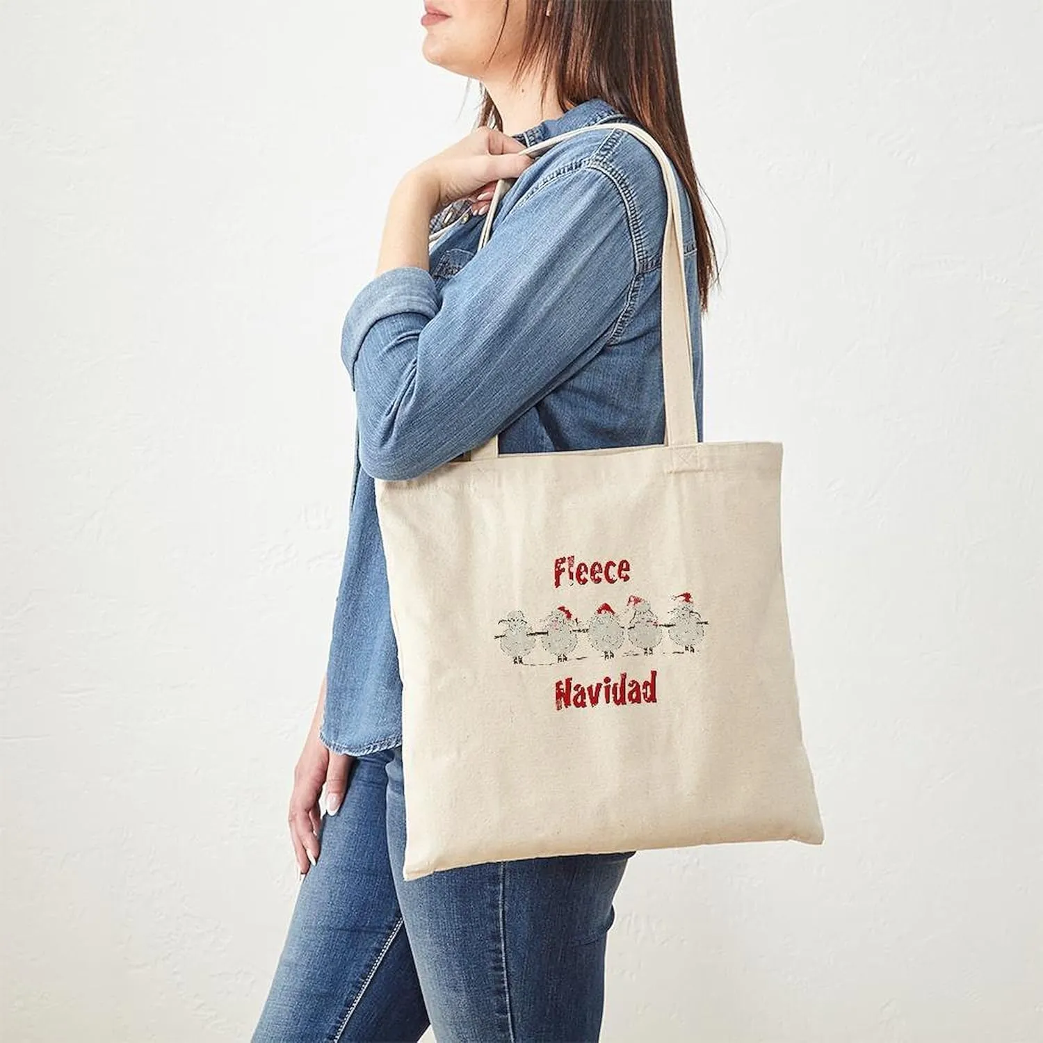 CafePress FUNNY Christmas Fleece Navidad Sheep Tote Bag Reusable Natural Beige Canvas Shopping Bag