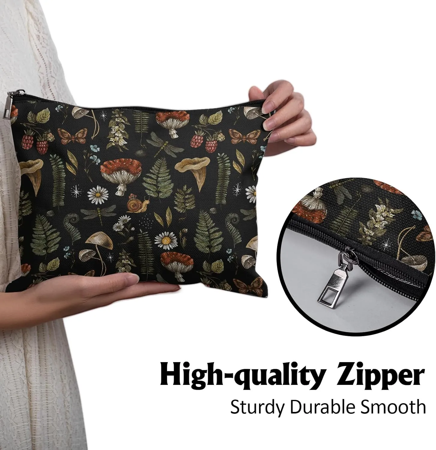 Cafl Vintage Woodland Makeup Bag Travel Large Mushroom Fern Cosmetic Bag Organizer toiletry Essentials Jewelry Skincare Zipper Bag For Women -108 inch