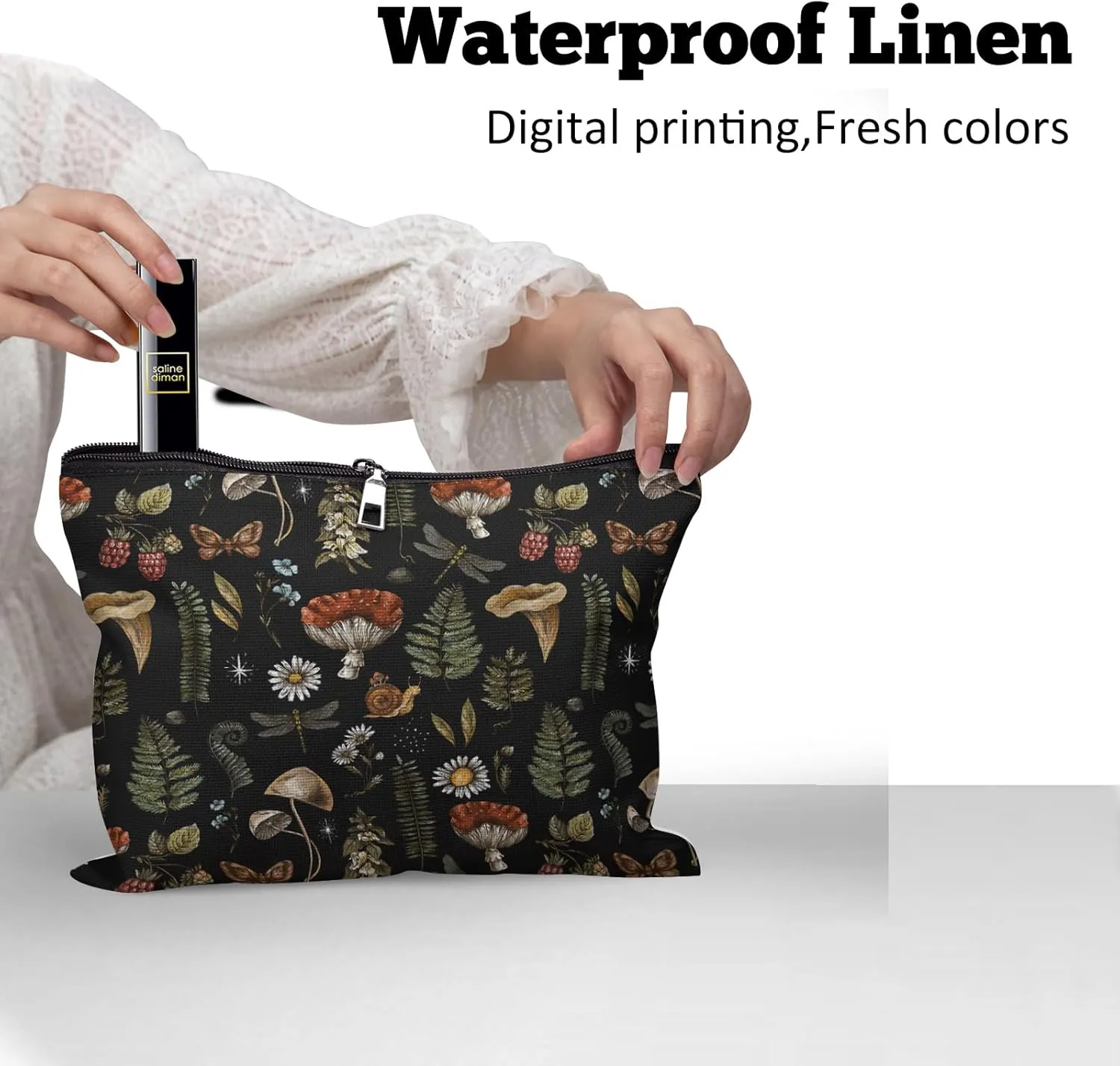 Cafl Vintage Woodland Makeup Bag Travel Large Mushroom Fern Cosmetic Bag Organizer toiletry Essentials Jewelry Skincare Zipper Bag For Women -108 inch