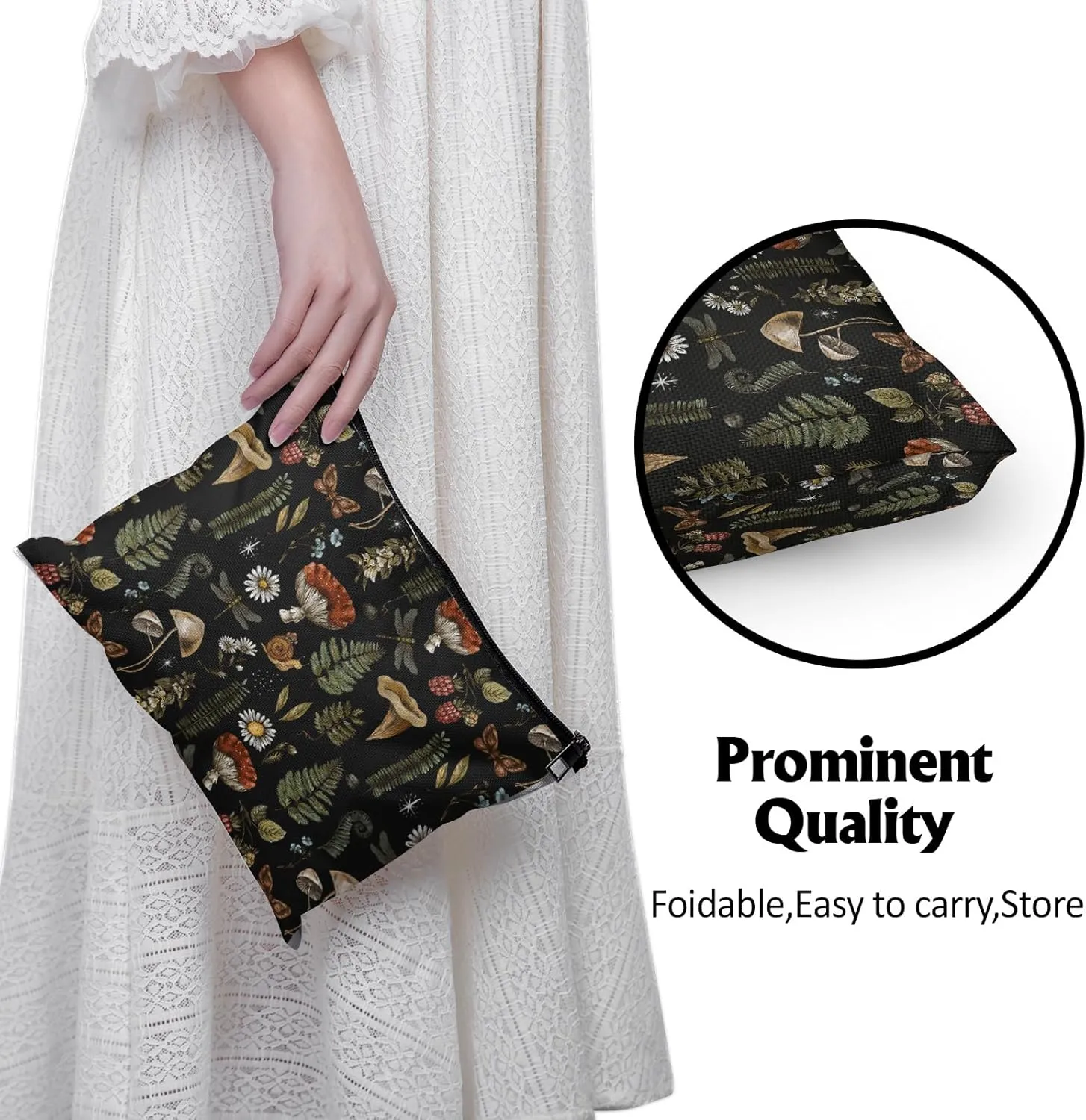 Cafl Vintage Woodland Makeup Bag Travel Large Mushroom Fern Cosmetic Bag Organizer toiletry Essentials Jewelry Skincare Zipper Bag For Women -108 inch