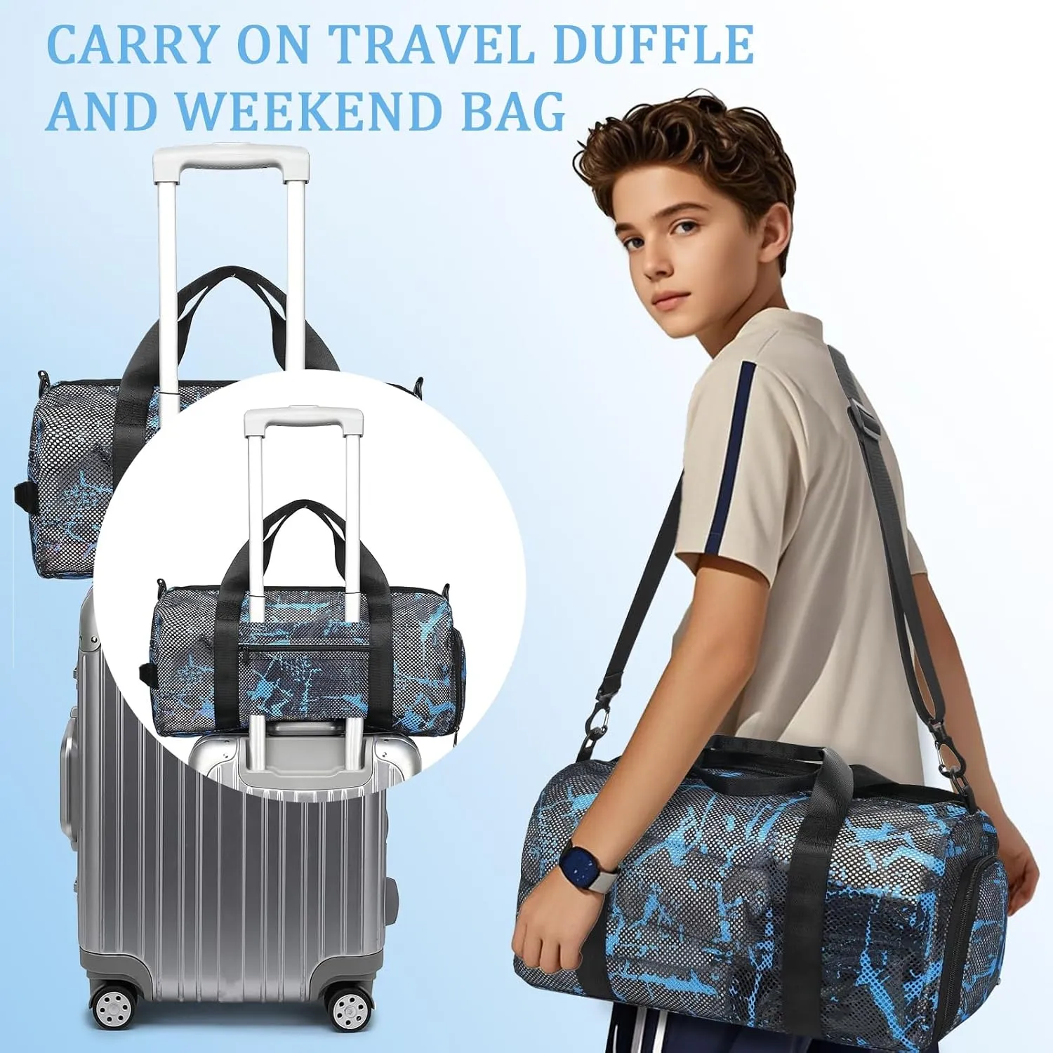 CAMTOP Duffle Bag for Travel Kids Small Overnight Weekender Sleepover Mesh bag Carry On Dance Sport Bag with Shoe Compartment & Wet pocket for Swim Beach Camp Travel (Graffiti Blue)