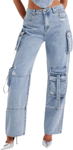 Cargo Jeans for Women Flap Pocket Straight Leg Baggy Jeans Y2K Wide Leg Pants Streetwear Trousers