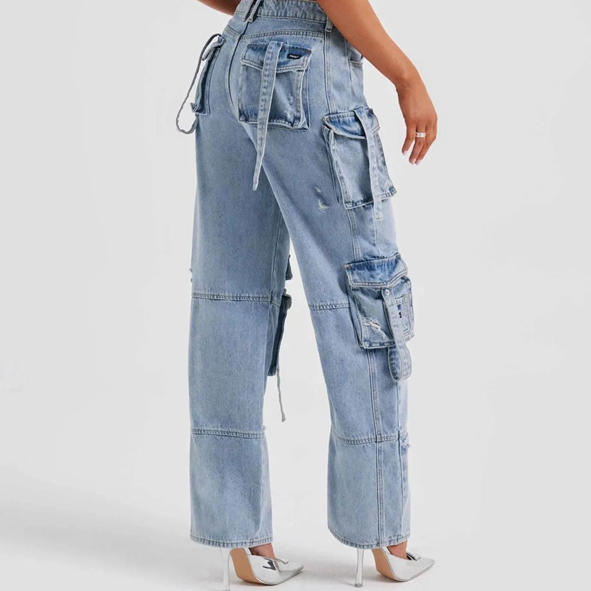 Cargo Jeans for Women Flap Pocket Straight Leg Baggy Jeans Y2K Wide Leg Pants Streetwear Trousers