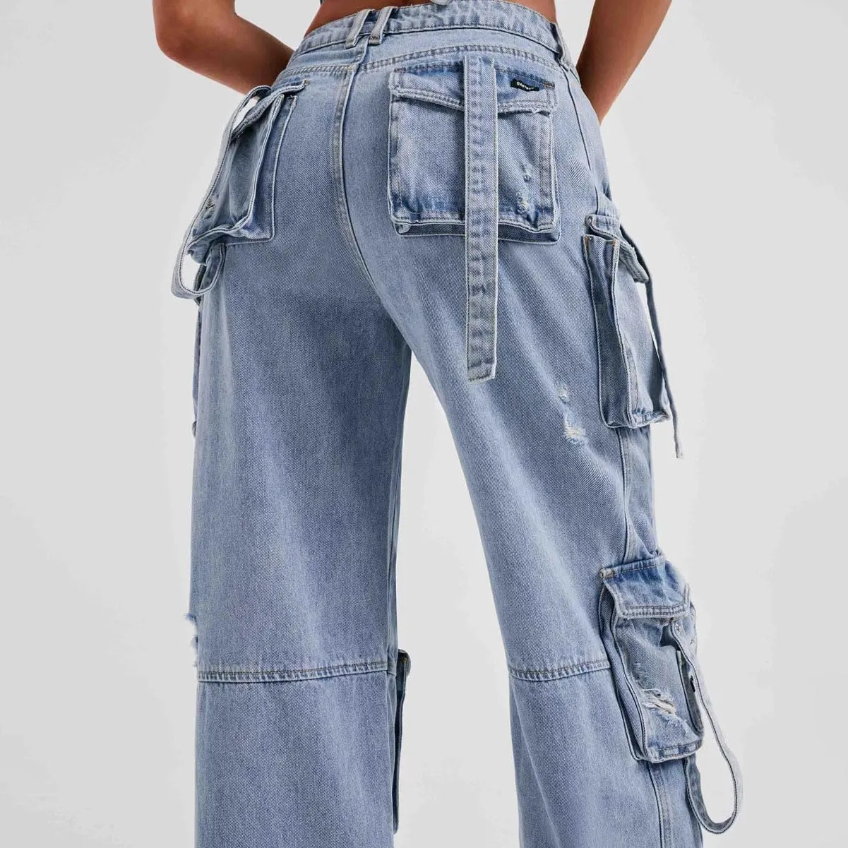 Cargo Jeans for Women Flap Pocket Straight Leg Baggy Jeans Y2K Wide Leg Pants Streetwear Trousers