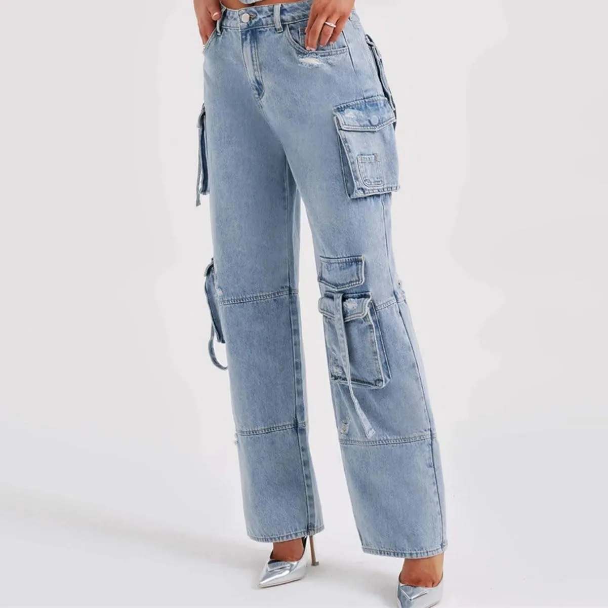 Cargo Jeans for Women Flap Pocket Straight Leg Baggy Jeans Y2K Wide Leg Pants Streetwear Trousers