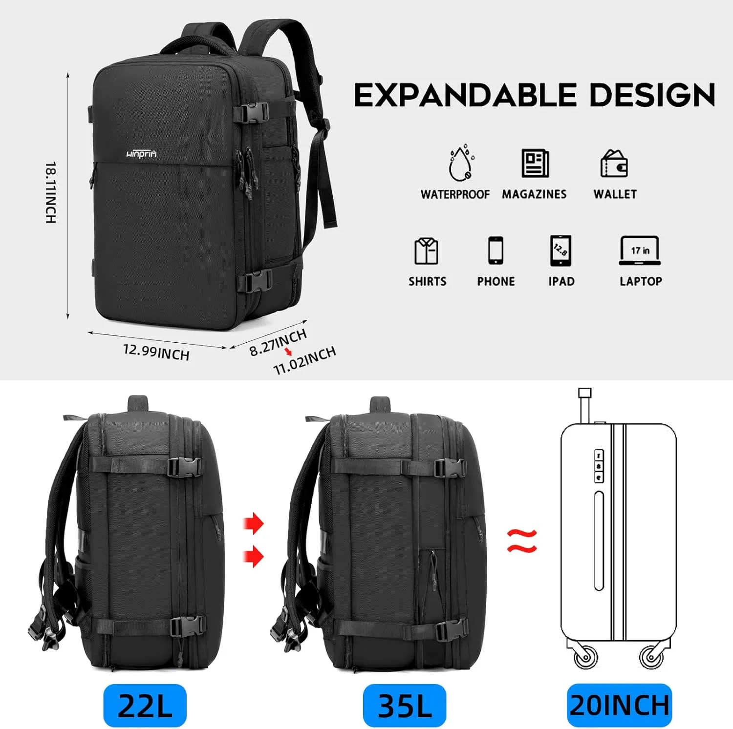 Carry On Backpack for Travel, 35L TSA Approved Flight Approved Backpack, Expandable Waterproof Laptop Backpack Fits 17" Computer, Weekender Bag for Men & Women (1680D Black, 35L)
