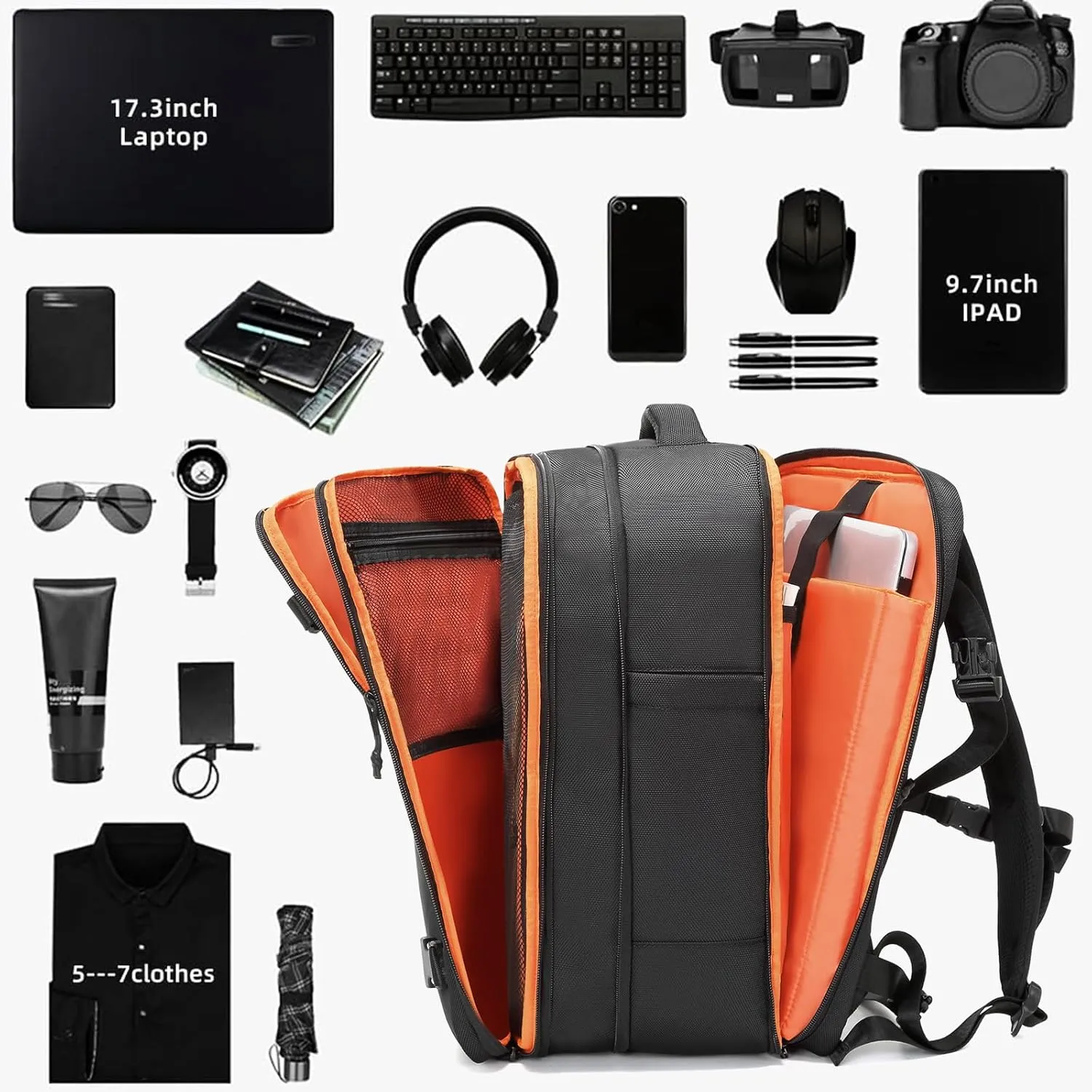 Carry On Backpack for Travel, 35L TSA Approved Flight Approved Backpack, Expandable Waterproof Laptop Backpack Fits 17" Computer, Weekender Bag for Men & Women (1680D Black, 35L)