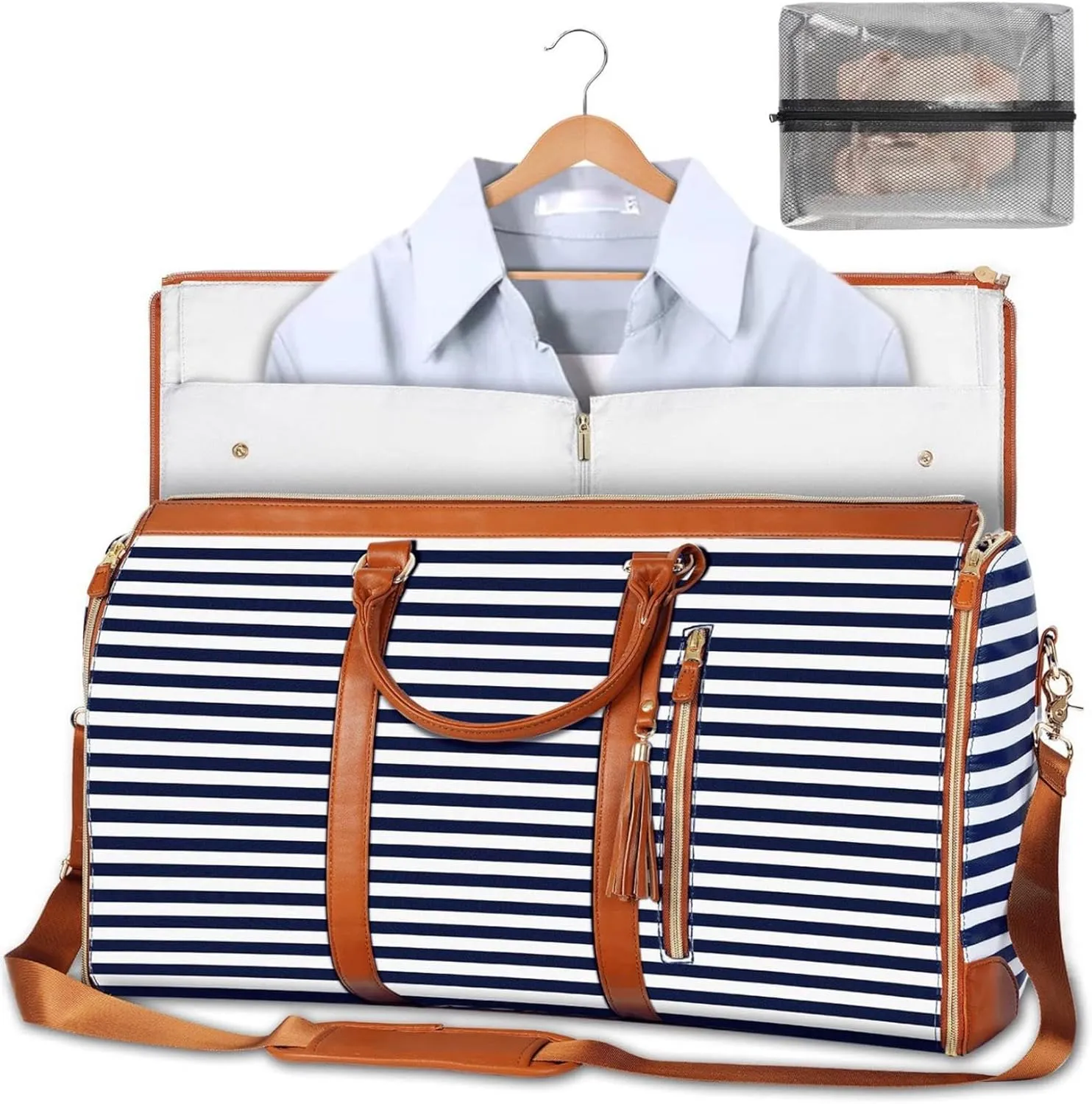 Carry On Garment Bag for Travel, Waterproof Garment Bags for Travel with Shoe Pouch Shoulder Strap, 2 in 1 Hanging Suitcase Suit Travel Bags for Women Business (Blue & White)