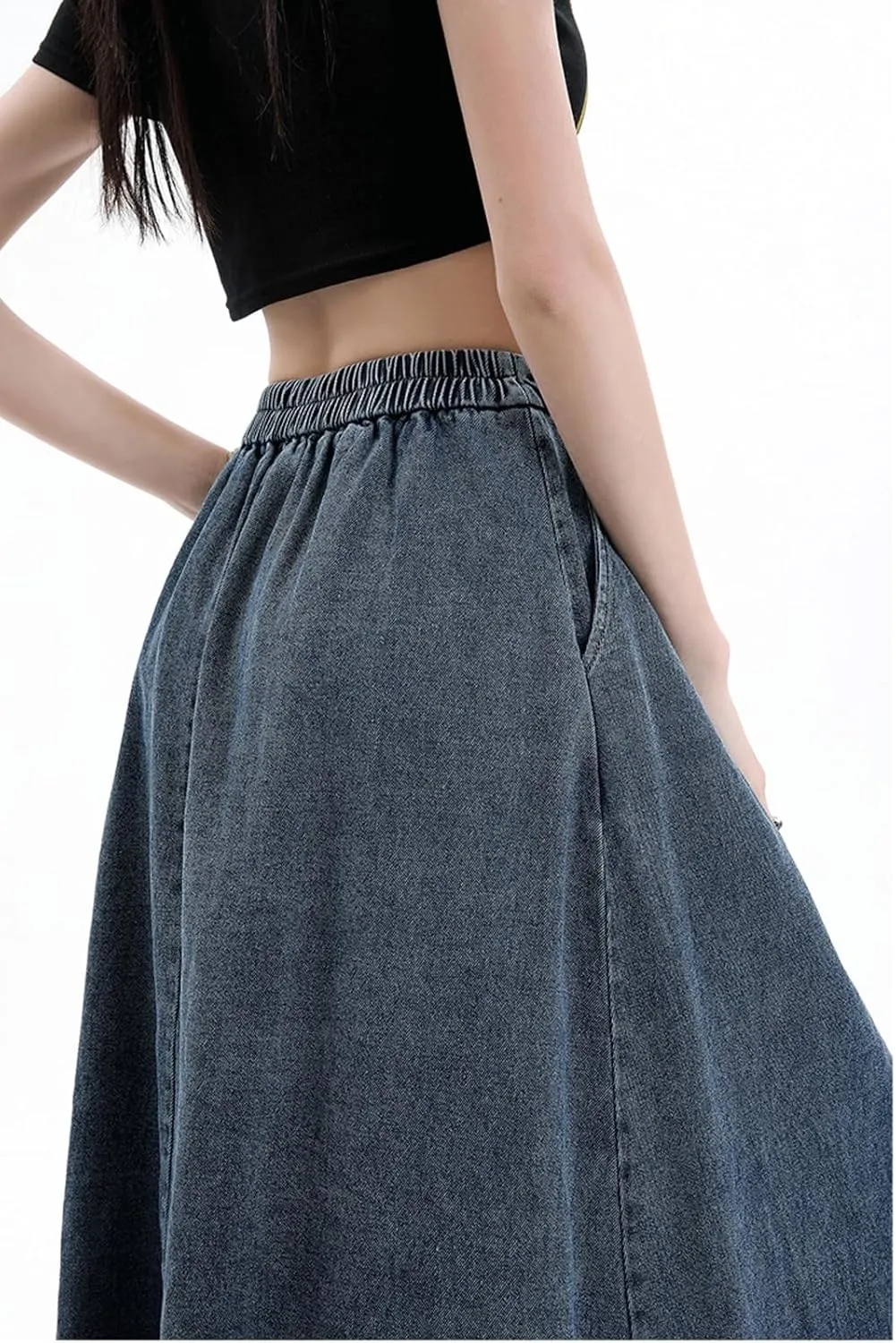 CHARTOU Pleated A Line Denim Skirt Long Elastic Waist Jean Skirt Vintage Ruffle Skirt with Pockets for Women