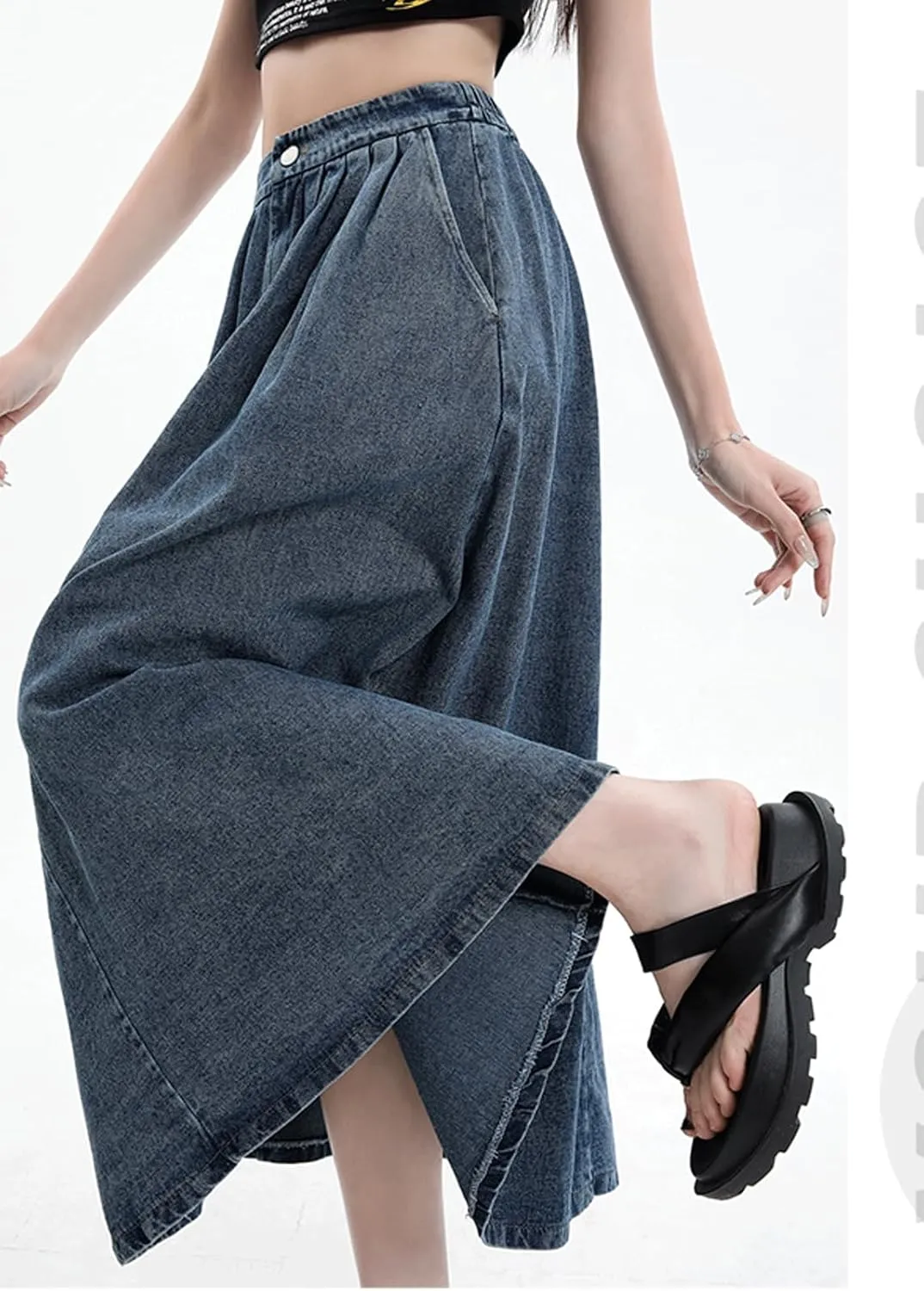 CHARTOU Pleated A Line Denim Skirt Long Elastic Waist Jean Skirt Vintage Ruffle Skirt with Pockets for Women