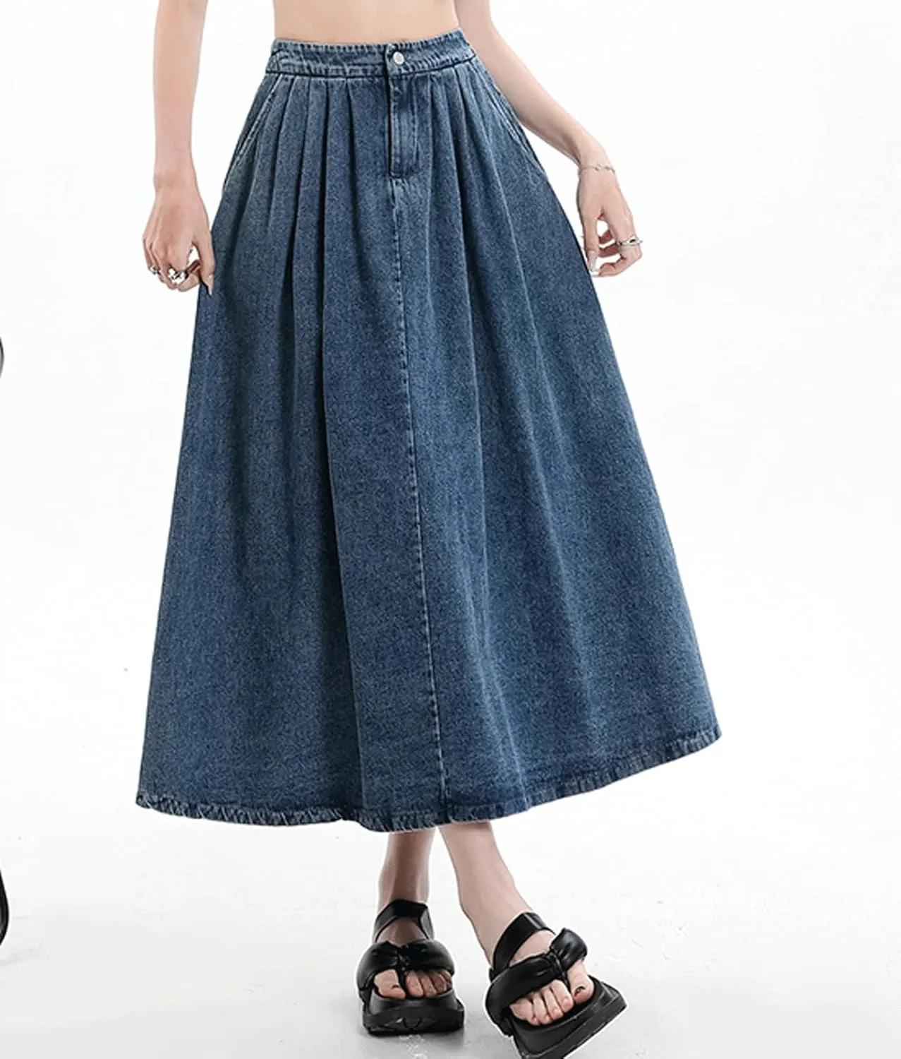 CHARTOU Pleated A Line Denim Skirt Long Elastic Waist Jean Skirt Vintage Ruffle Skirt with Pockets for Women