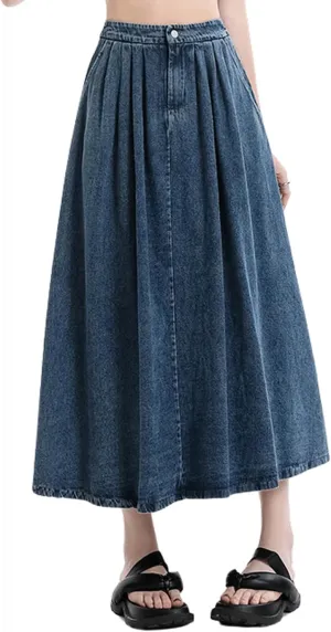 CHARTOU Pleated A Line Denim Skirt Long Elastic Waist Jean Skirt Vintage Ruffle Skirt with Pockets for Women