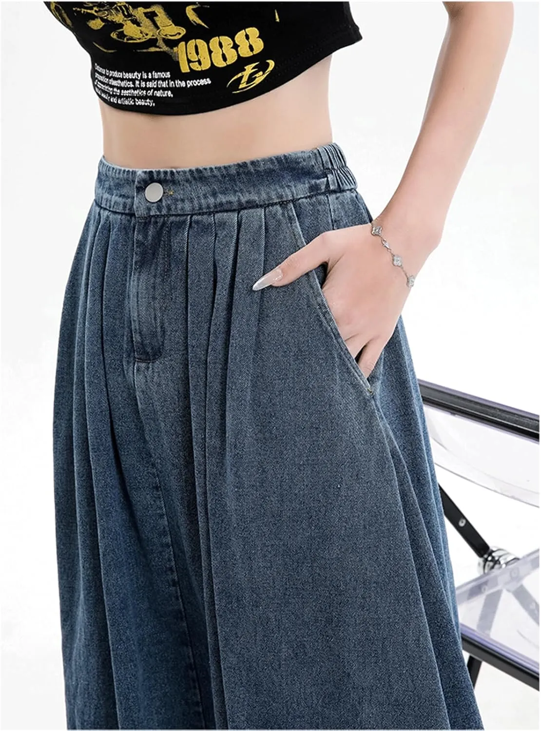CHARTOU Pleated A Line Denim Skirt Long Elastic Waist Jean Skirt Vintage Ruffle Skirt with Pockets for Women