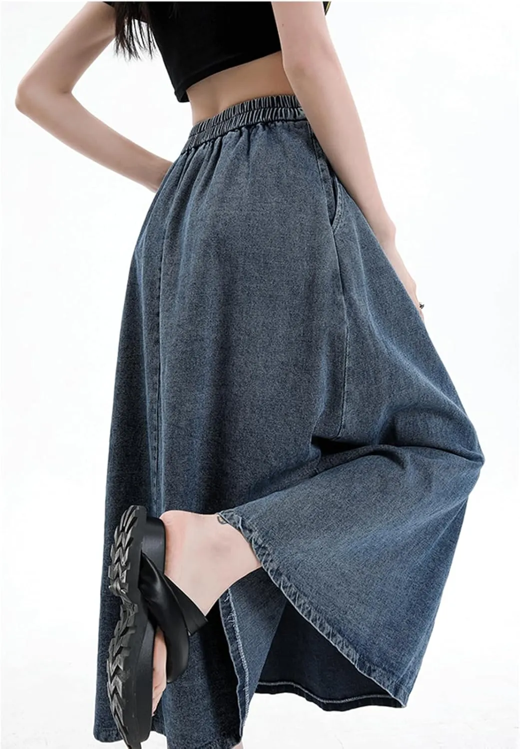 CHARTOU Pleated A Line Denim Skirt Long Elastic Waist Jean Skirt Vintage Ruffle Skirt with Pockets for Women