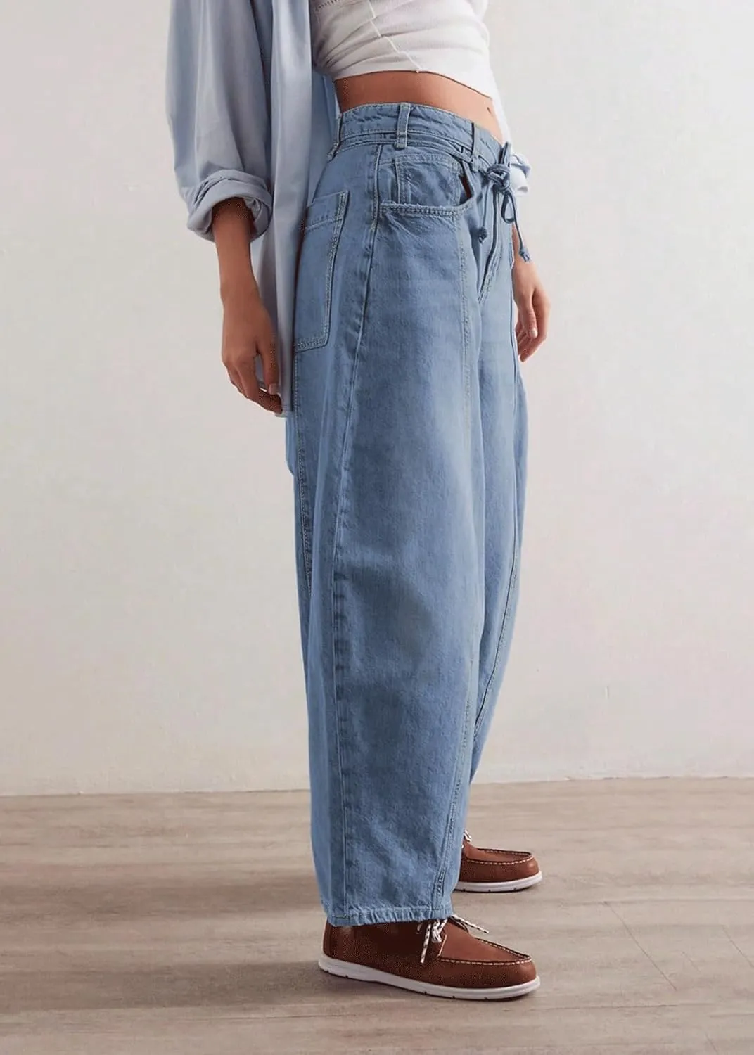 CHARTOU Women Mid Waist Drawstring Barrel Jeans Baggy Denim Jeans Wide Leg Distressed Patchwork Harem Pants