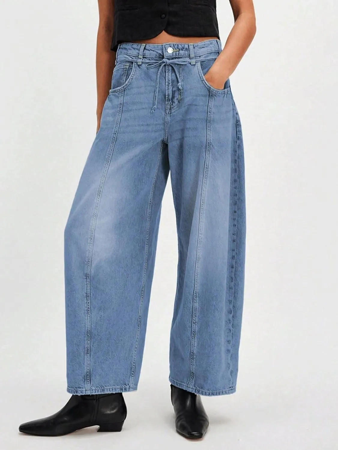 CHARTOU Women Mid Waist Drawstring Barrel Jeans Baggy Denim Jeans Wide Leg Distressed Patchwork Harem Pants