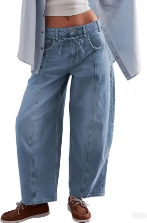 CHARTOU Women Mid Waist Drawstring Barrel Jeans Baggy Denim Jeans Wide Leg Distressed Patchwork Harem Pants