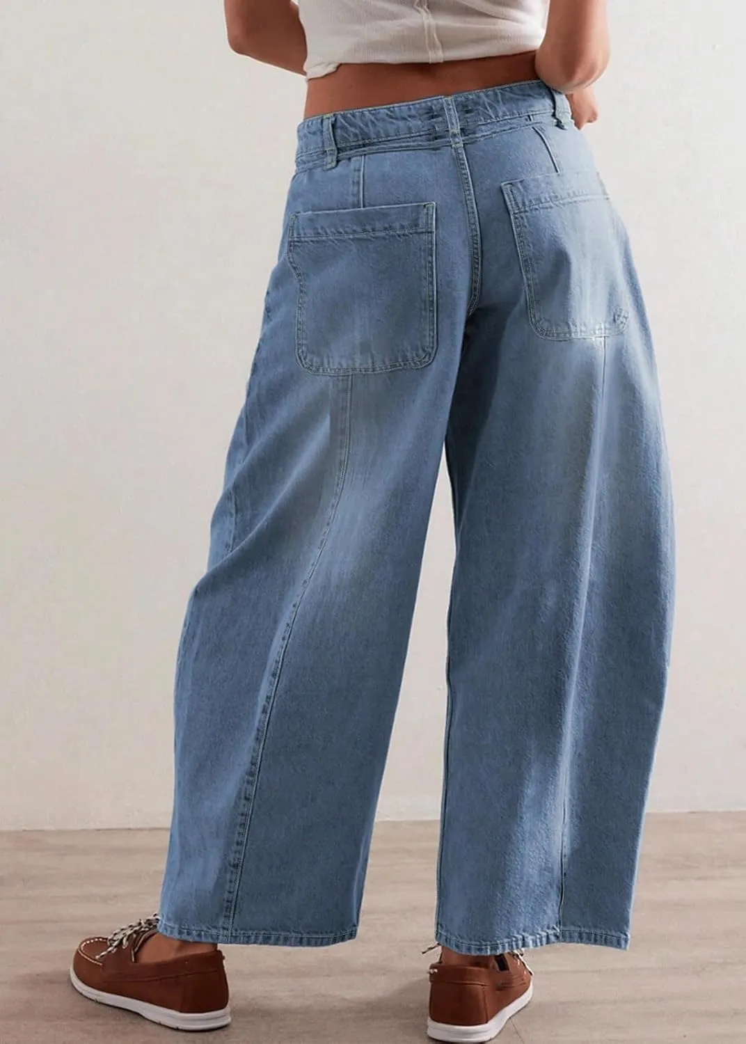 CHARTOU Women Mid Waist Drawstring Barrel Jeans Baggy Denim Jeans Wide Leg Distressed Patchwork Harem Pants