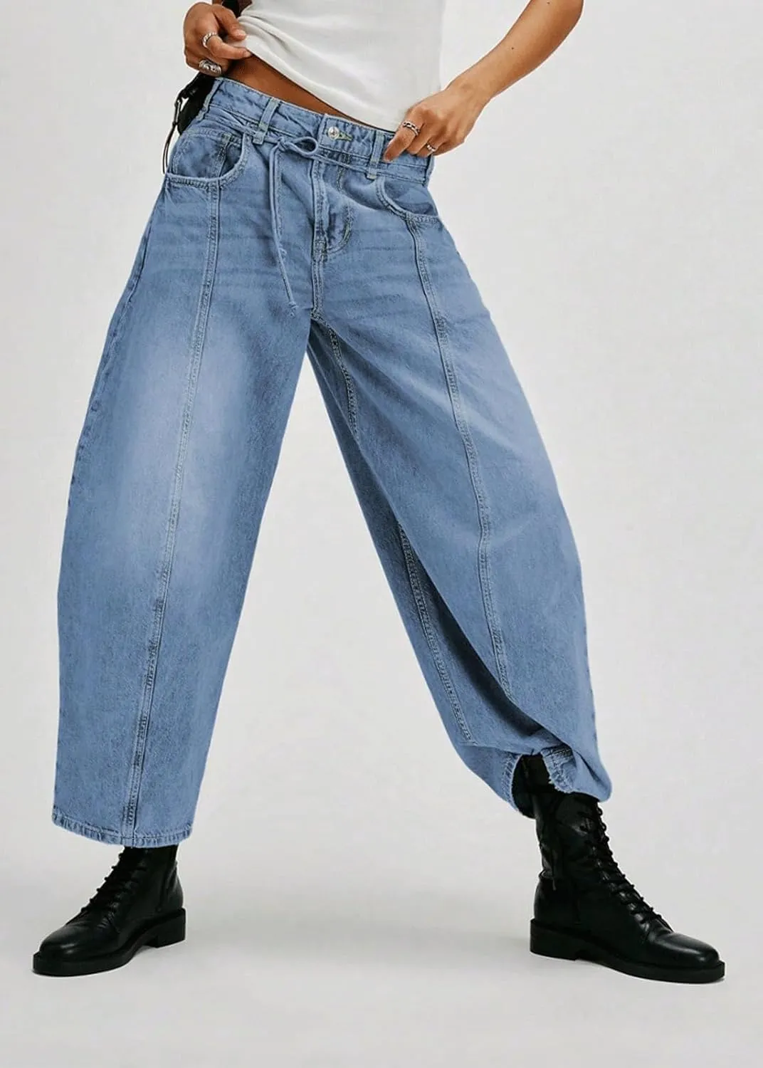 CHARTOU Women Mid Waist Drawstring Barrel Jeans Baggy Denim Jeans Wide Leg Distressed Patchwork Harem Pants