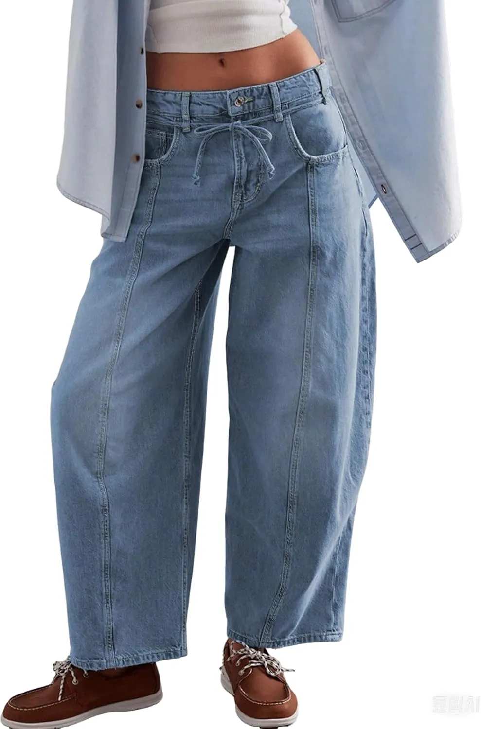 CHARTOU Women Mid Waist Drawstring Barrel Jeans Baggy Denim Jeans Wide Leg Distressed Patchwork Harem Pants