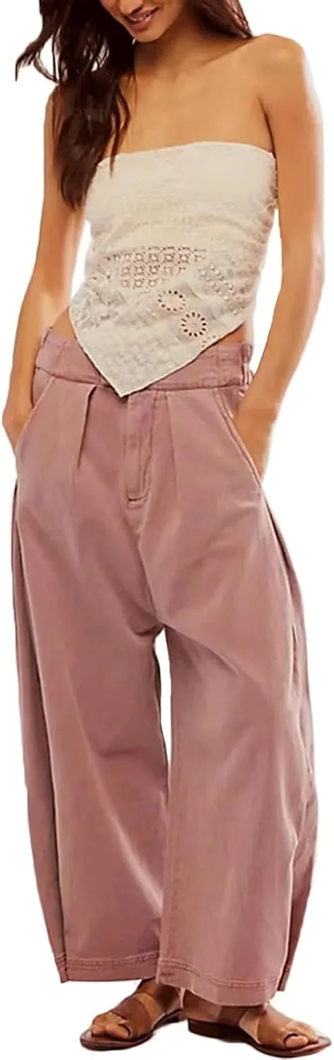 CHARTOU Women's Baggy Barrel Pant Wide Leg Horseshoe Ankle Jeans Mid Rise Harem Y2K Denim Pants with Pockets