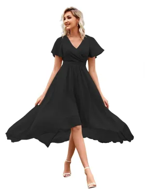 Chiffon High Low Bridesmaid Dresses for Women V Neck Short Sleeves Pleated Formal Dress with Pockets