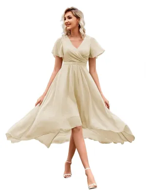 Chiffon High Low Bridesmaid Dresses for Women V Neck Short Sleeves Pleated Formal Dress with Pockets
