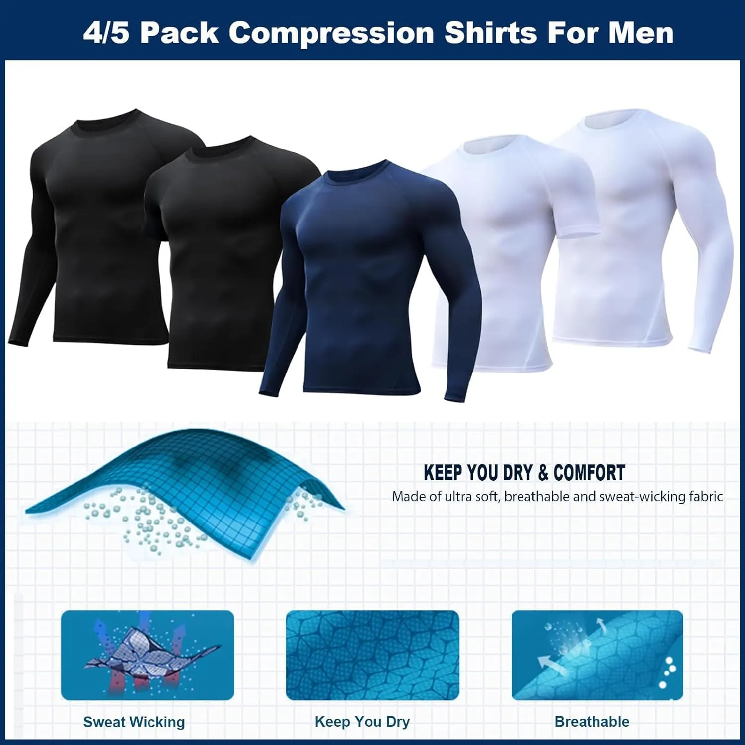 Compression Shirts Men 4/5 Pack Workout Shirts Athletic Undershirt Rash Guard Quick Drying T-Shirt for Sports