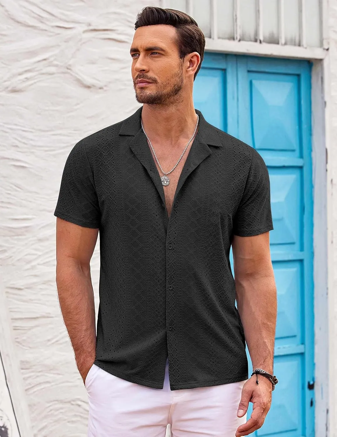 COOFANDY Mens Beach Shirt Short Sleeve Button Down Shirts Casual Cuban Collared Summer Vacation Tropical Shirts