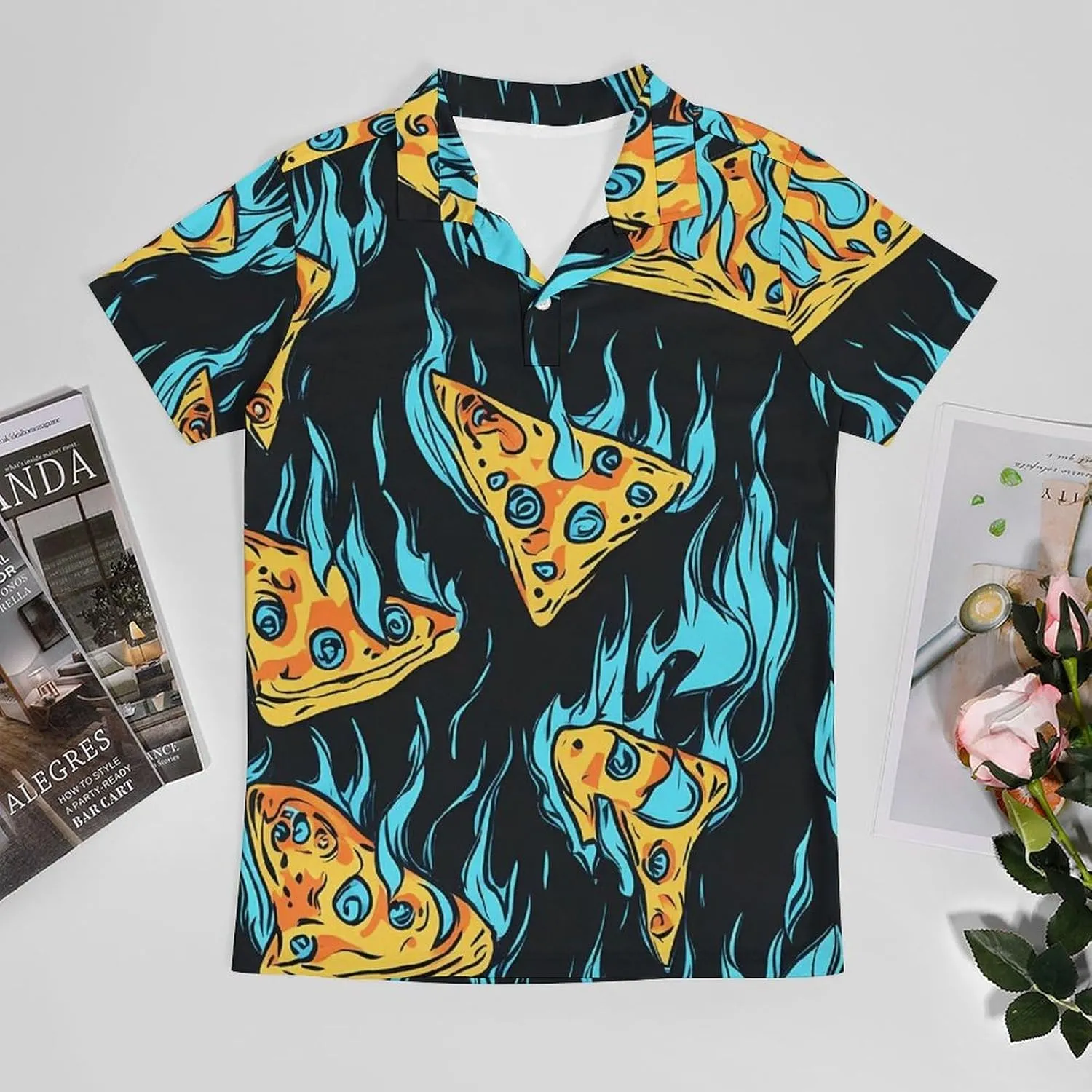 Cool Pizza Slices Blue Flame Men's Polo-Shirt Regular-Fit Short Sleeve Sports Quick Dry Golf Tennis T-Shirt