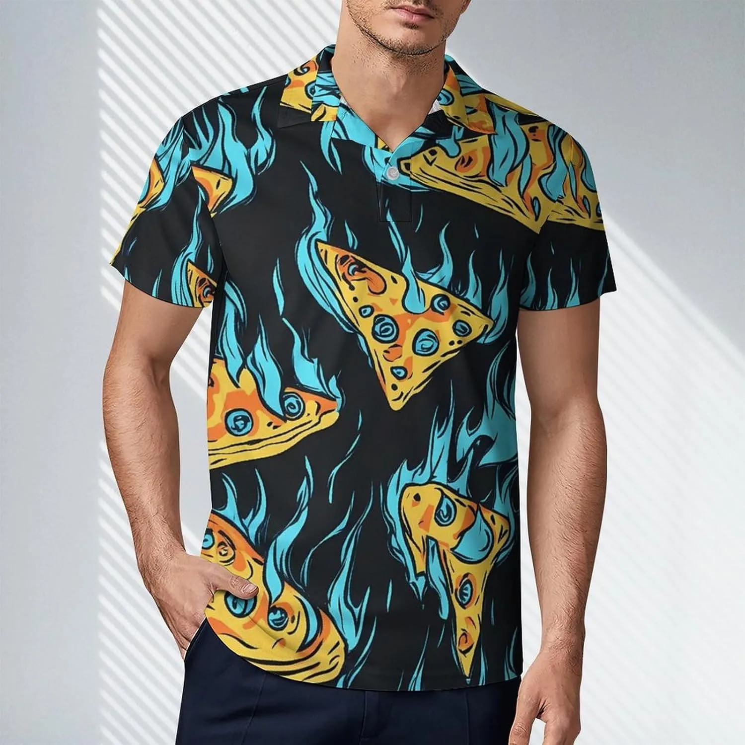 Cool Pizza Slices Blue Flame Men's Polo-Shirt Regular-Fit Short Sleeve Sports Quick Dry Golf Tennis T-Shirt