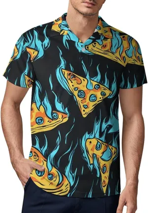 Cool Pizza Slices Blue Flame Men's Polo-Shirt Regular-Fit Short Sleeve Sports Quick Dry Golf Tennis T-Shirt