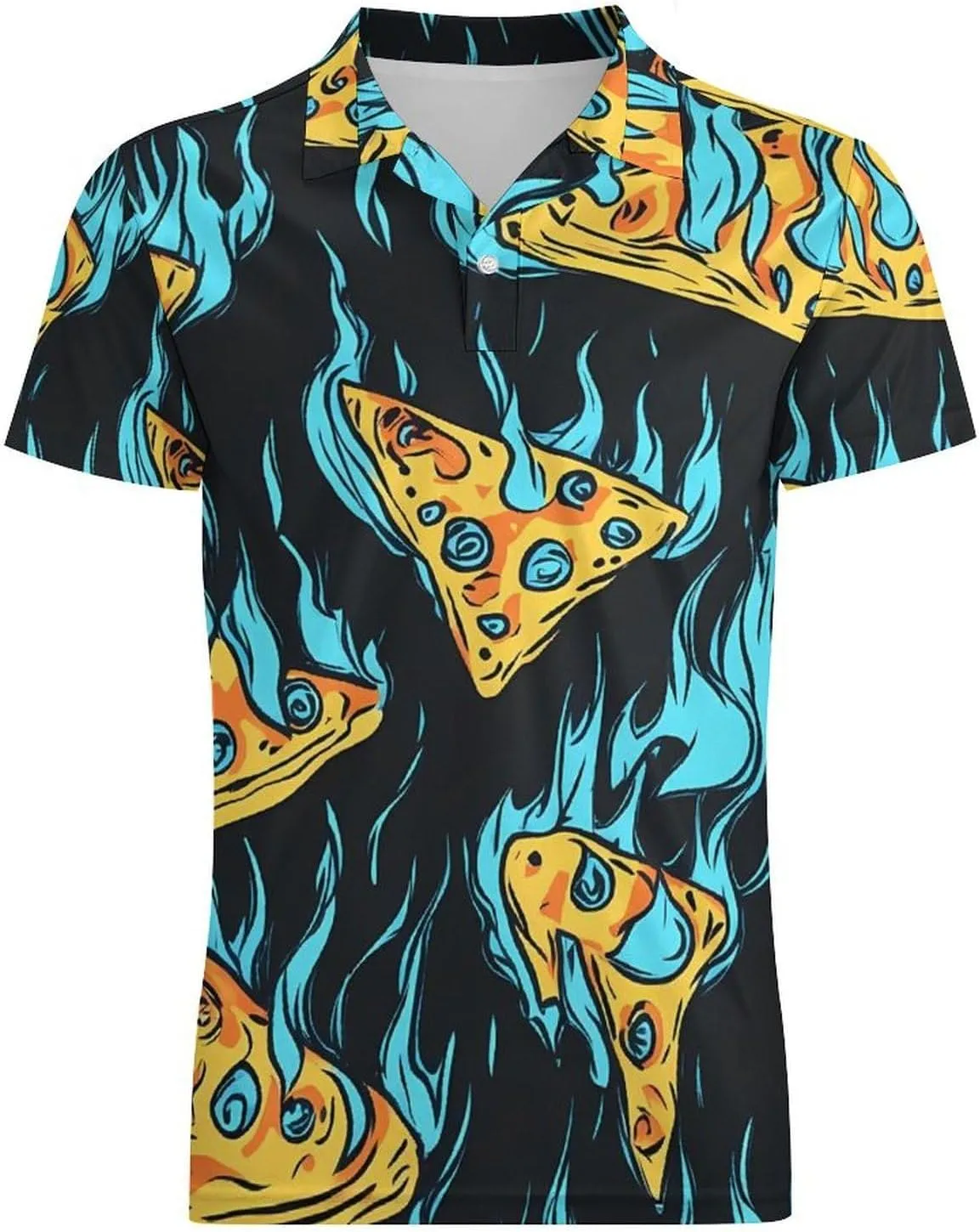 Cool Pizza Slices Blue Flame Men's Polo-Shirt Regular-Fit Short Sleeve Sports Quick Dry Golf Tennis T-Shirt