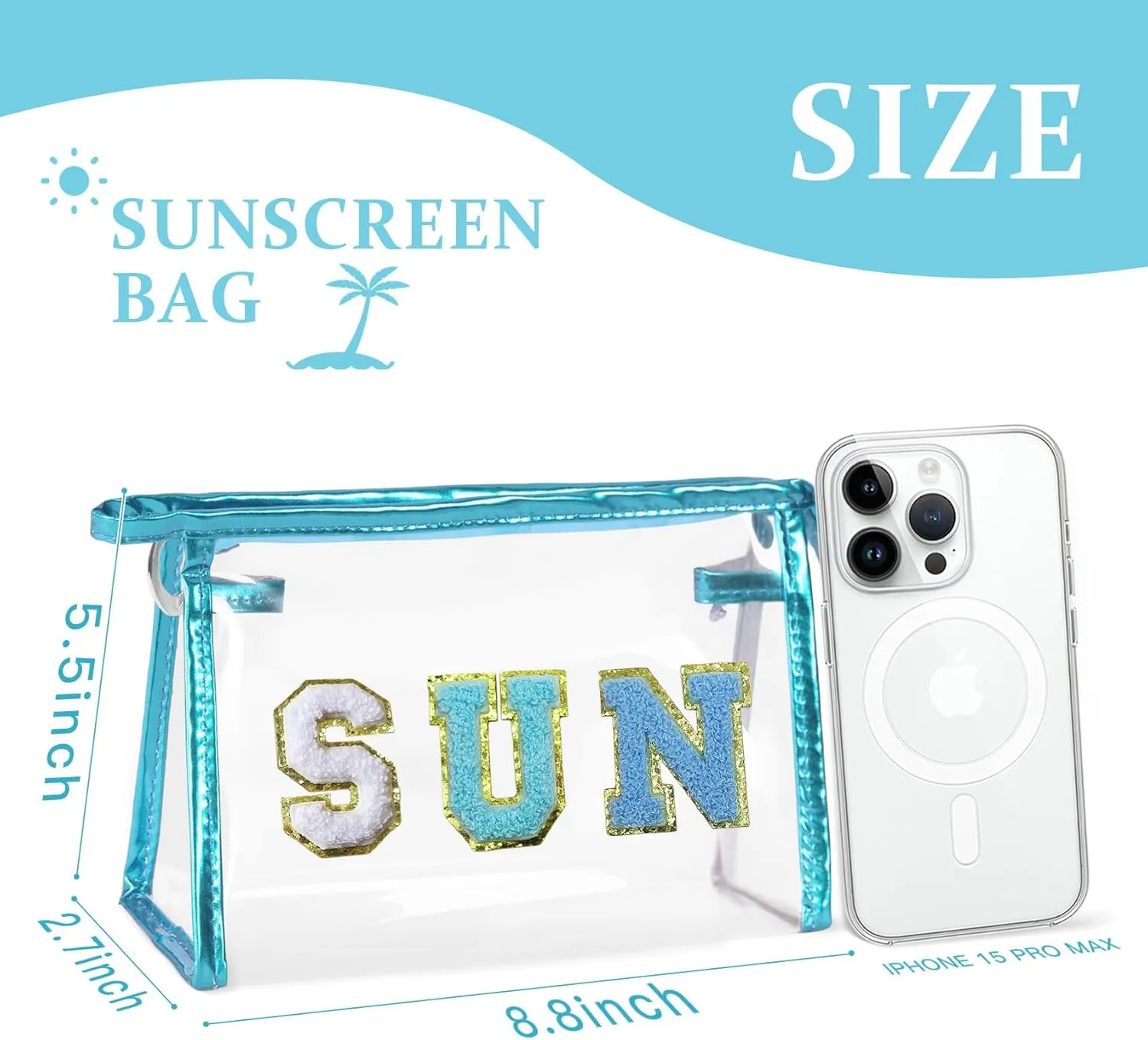 COSHAYSOO Clear Makeup Bag Sunscreen Pouch Beach Vacation Essentials Waterproof Summer Stuff Travel Toiletry Purse for Women Teen Girl Personalized Easter Gifts with Preppy Chenille Letter Blue SUN