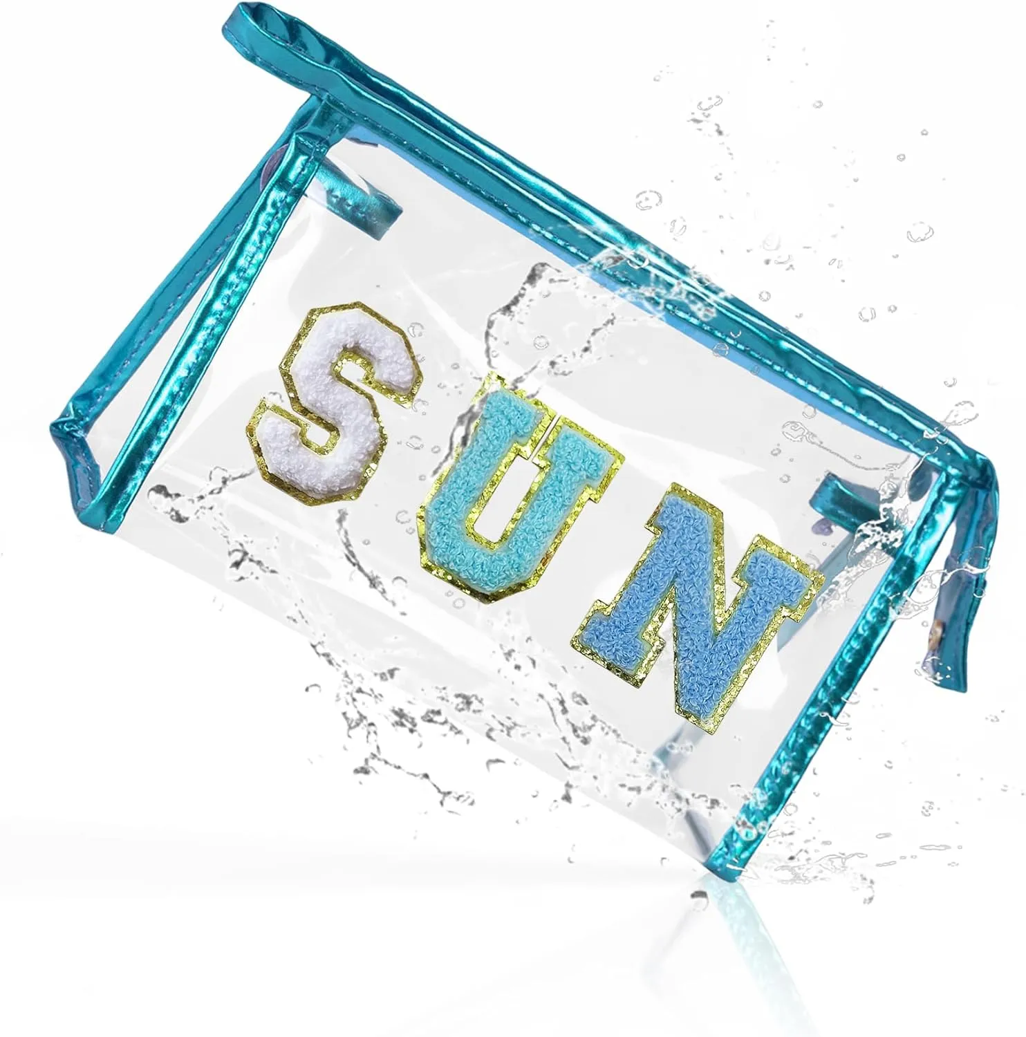 COSHAYSOO Clear Makeup Bag Sunscreen Pouch Beach Vacation Essentials Waterproof Summer Stuff Travel Toiletry Purse for Women Teen Girl Personalized Easter Gifts with Preppy Chenille Letter Blue SUN