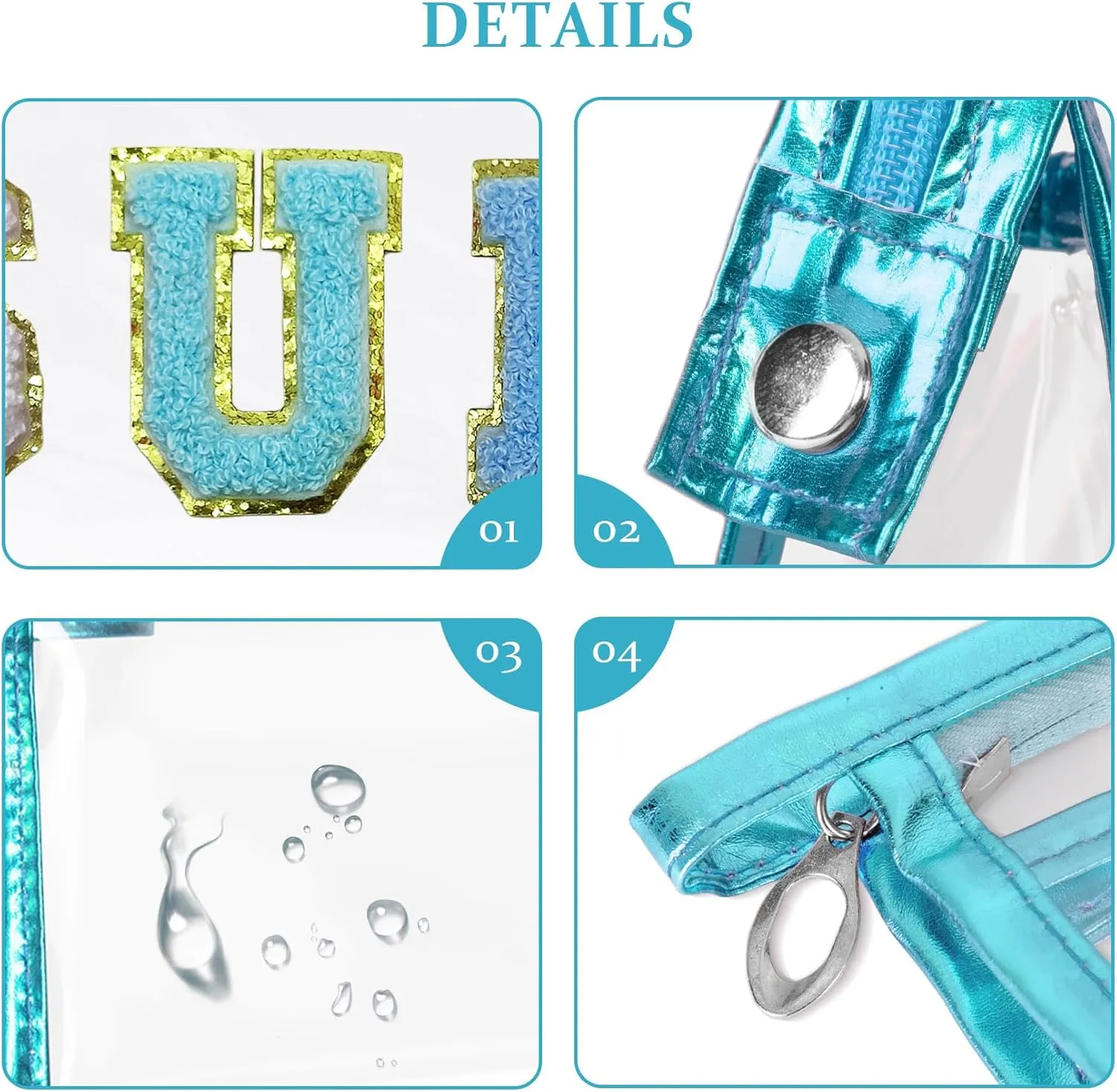 COSHAYSOO Clear Makeup Bag Sunscreen Pouch Beach Vacation Essentials Waterproof Summer Stuff Travel Toiletry Purse for Women Teen Girl Personalized Easter Gifts with Preppy Chenille Letter Blue SUN