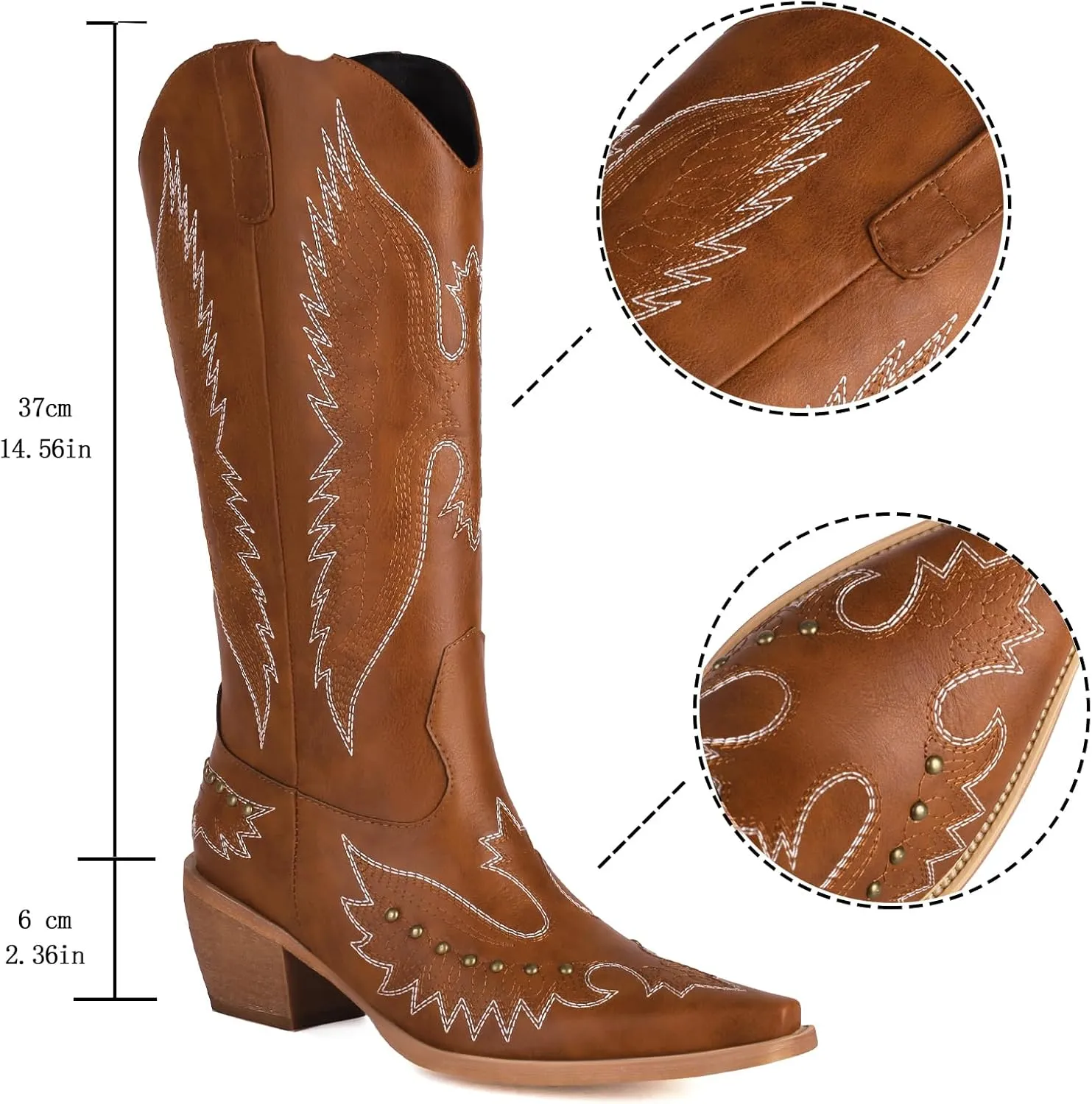 Cozivwaiy Women Denim Cowboy Boots Patchwork Knee High Boots Colorblock Western Cowgirl Mid Calf Jeans Shoes Pointed Toe Chunky Heel Pull On