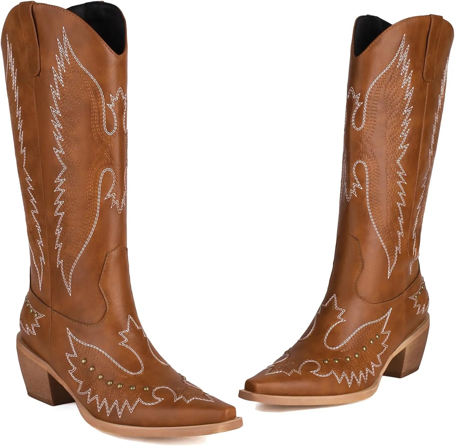 Cozivwaiy Women Denim Cowboy Boots Patchwork Knee High Boots Colorblock Western Cowgirl Mid Calf Jeans Shoes Pointed Toe Chunky Heel Pull On