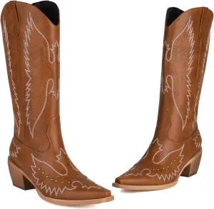 Cozivwaiy Women Denim Cowboy Boots Patchwork Knee High Boots Colorblock Western Cowgirl Mid Calf Jeans Shoes Pointed Toe Chunky Heel Pull On