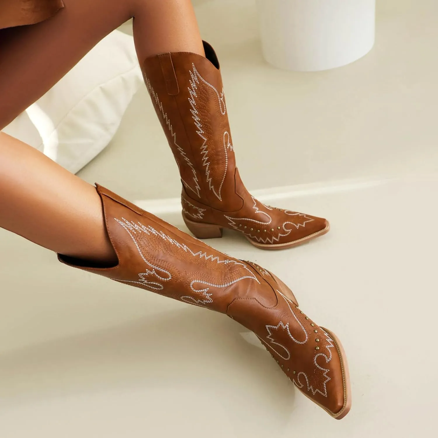 Cozivwaiy Women Denim Cowboy Boots Patchwork Knee High Boots Colorblock Western Cowgirl Mid Calf Jeans Shoes Pointed Toe Chunky Heel Pull On