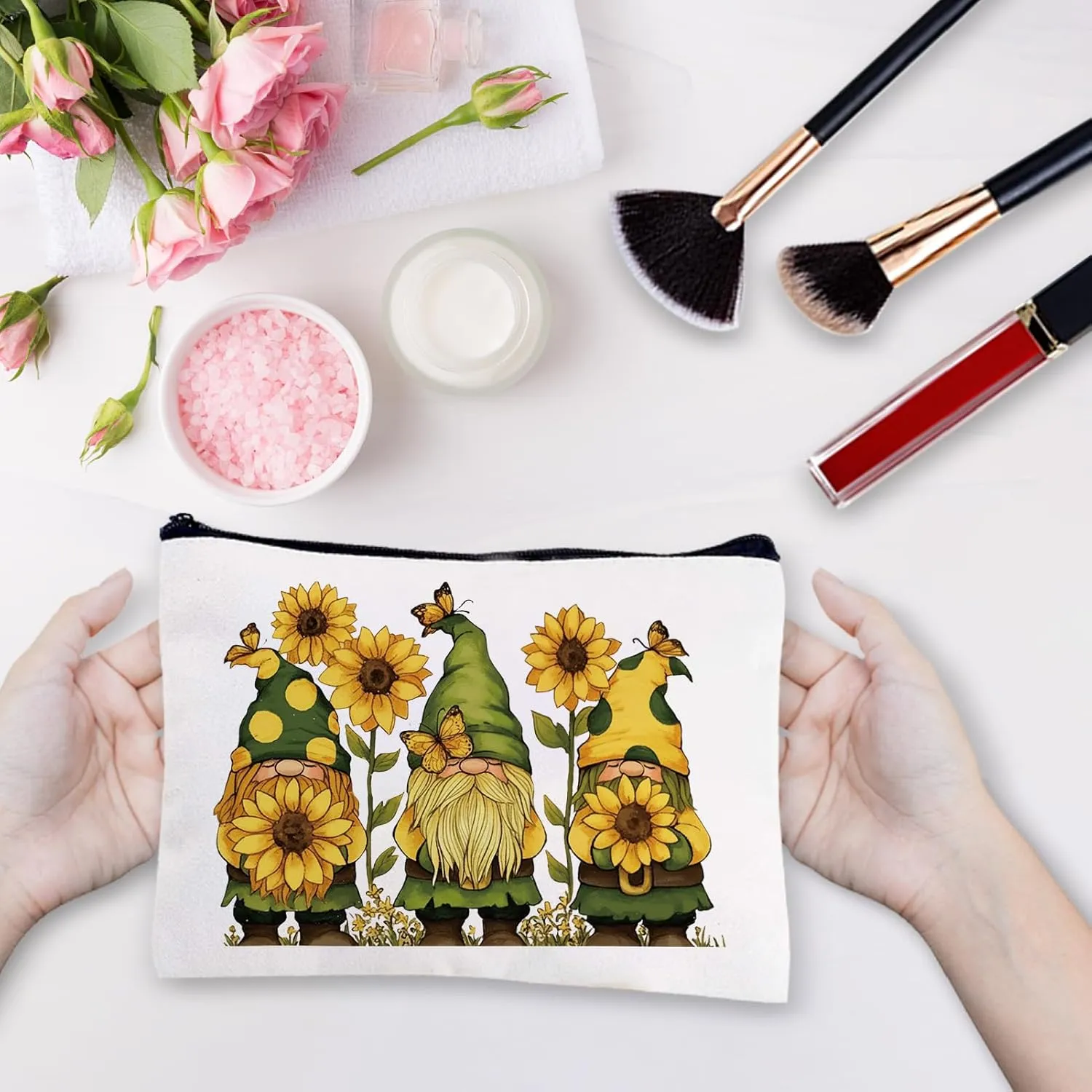 CREATCABIN Gnome Makeup Bags for Women Travel Cosmetic Bag Yellow Sunflower Zipper Pouch Tool Multi Purpose Case Toiletry Packing Purse Storage Bag Organizer for Friend Daughter Gifts 10x7Inch