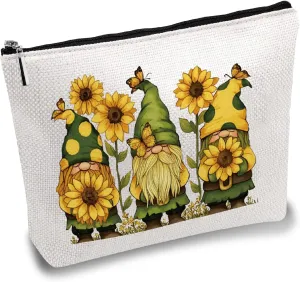 CREATCABIN Gnome Makeup Bags for Women Travel Cosmetic Bag Yellow Sunflower Zipper Pouch Tool Multi Purpose Case Toiletry Packing Purse Storage Bag Organizer for Friend Daughter Gifts 10x7Inch