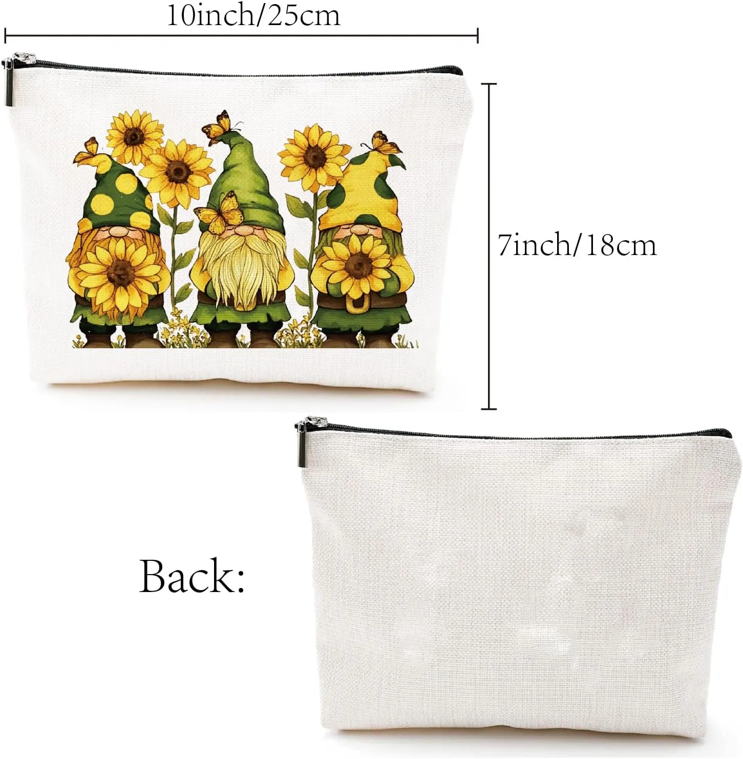 CREATCABIN Gnome Makeup Bags for Women Travel Cosmetic Bag Yellow Sunflower Zipper Pouch Tool Multi Purpose Case Toiletry Packing Purse Storage Bag Organizer for Friend Daughter Gifts 10x7Inch