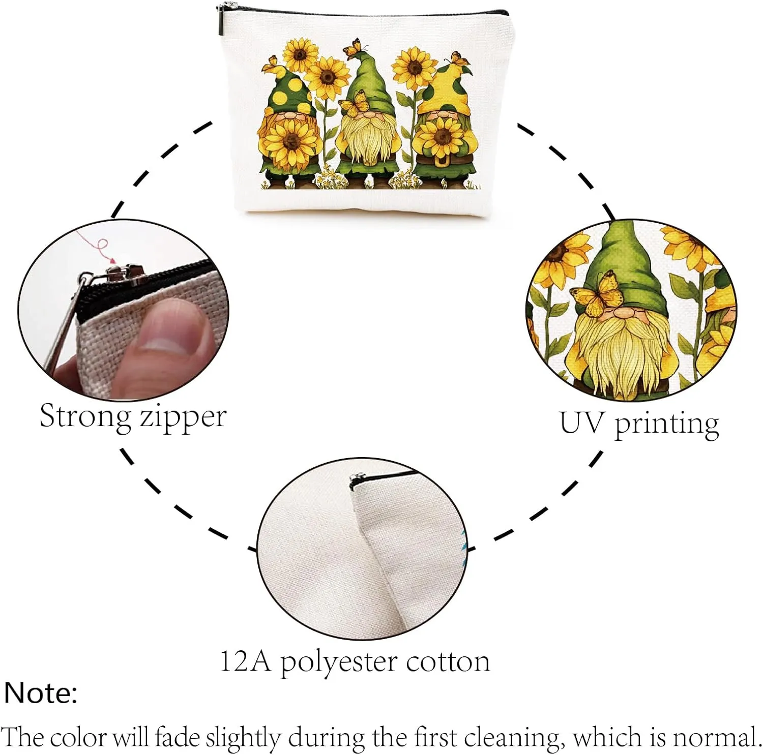 CREATCABIN Gnome Makeup Bags for Women Travel Cosmetic Bag Yellow Sunflower Zipper Pouch Tool Multi Purpose Case Toiletry Packing Purse Storage Bag Organizer for Friend Daughter Gifts 10x7Inch